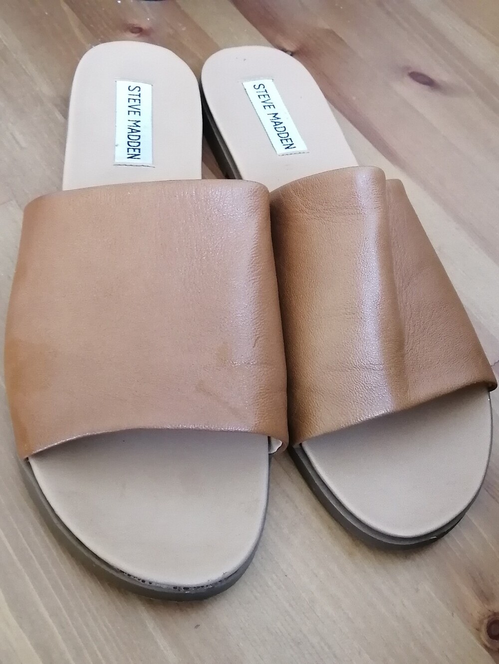 Steve Madden Leather Sandals Caramel Congac tan slides slip-on - Picture 3 of 4